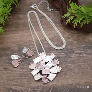 Stainless Steel Pink & White Mosaic Pendant Necklace and Earrings Set